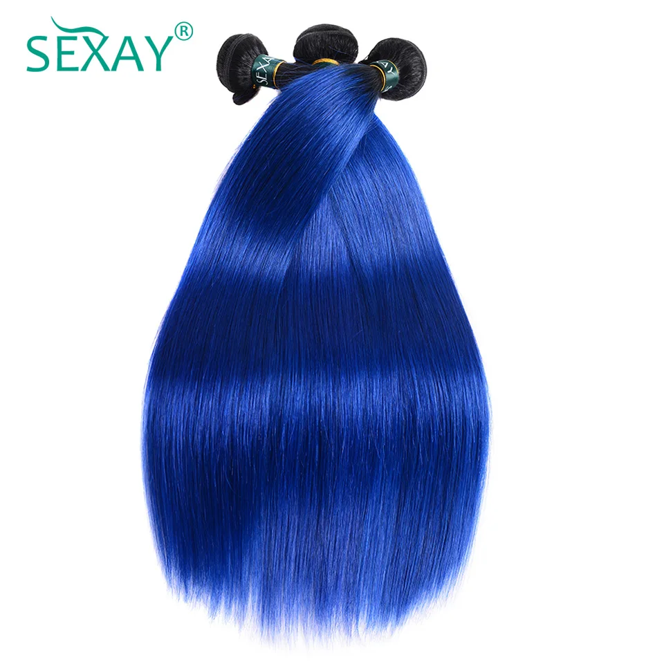 Sexay 1B Blue Straight Human Hair Weave 3 Bundles For Women 2 Tone Ombre Blue Human Hair Weave 4 Pieces For Black Women