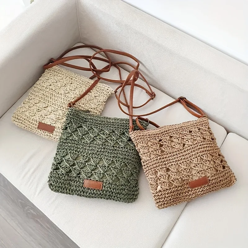 Chic Handmade Paper Straw Crossbody Bag Solid Color Zipper Closure Shoulder Messenger Bags for Women Summer Beach Urban Outings image 4