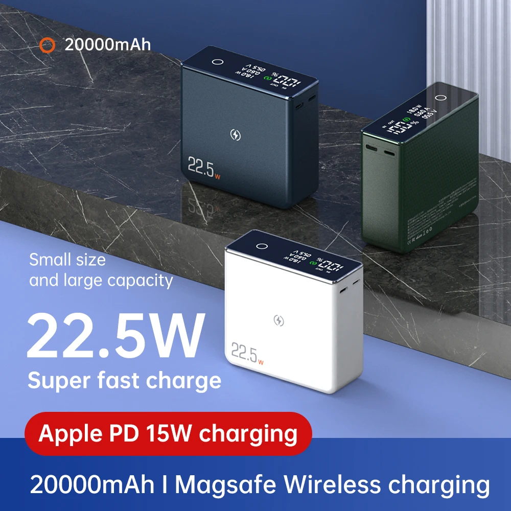 Bezprzewodowe 20000 mah 22,5 w magnetyczne banki mocy PD QC magnetyczne bezprzewodowe ładowanie mobilny power bank z wyświetlaczem LED