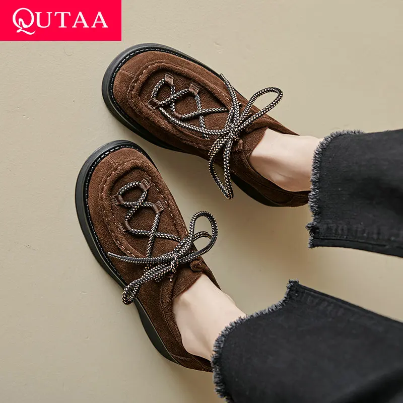 

QUTAA 2025 Spring Women Casual Shoes Chunky Low Heeled Lace-up Round Toe comfortable Summer Work Party Shoes Woman Size 34-39