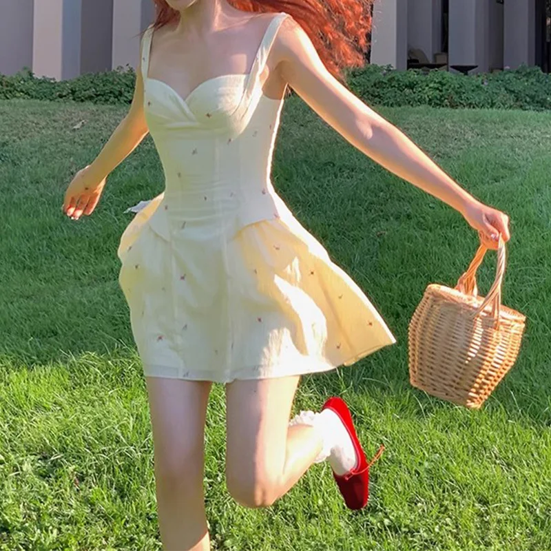 

High Quality Yellow Chest Wrapping Strap Dresses Spring Women Sleeveless A Line Mini Dress Summer High Waist Slim Camisole Dress