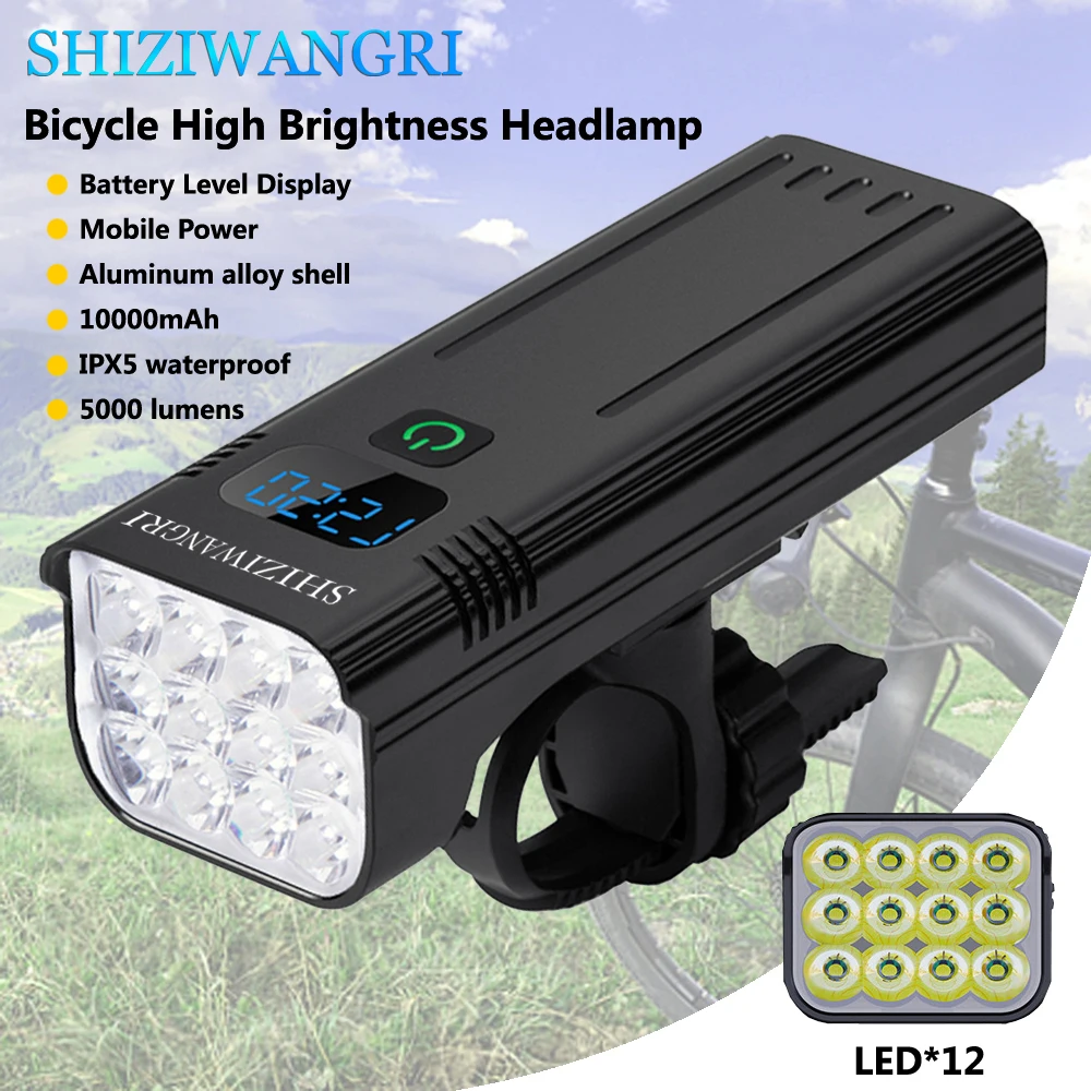 

12 светодиодов, фонарик для велосипеда, 10000 мАч, перезаряжаемые через USB велосипедные фонари, передняя лампа, 4 режима освещения, фара для горного велосипеда