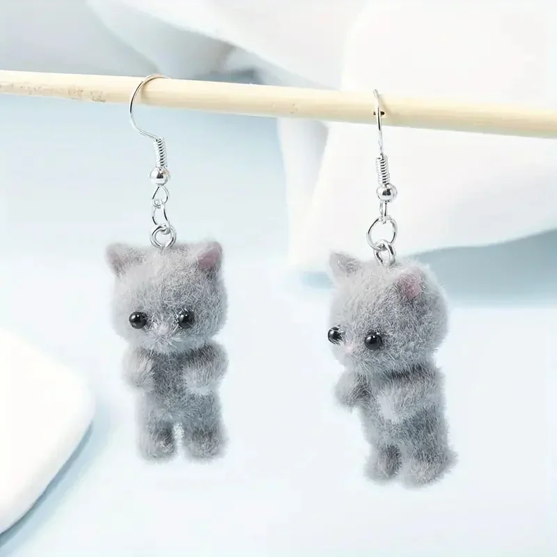 Resin Flocked 3D Cat Earrings - Playful Cartoon Design, Velvety Texture, Ideal Holiday Party Accessory & Gift Idea