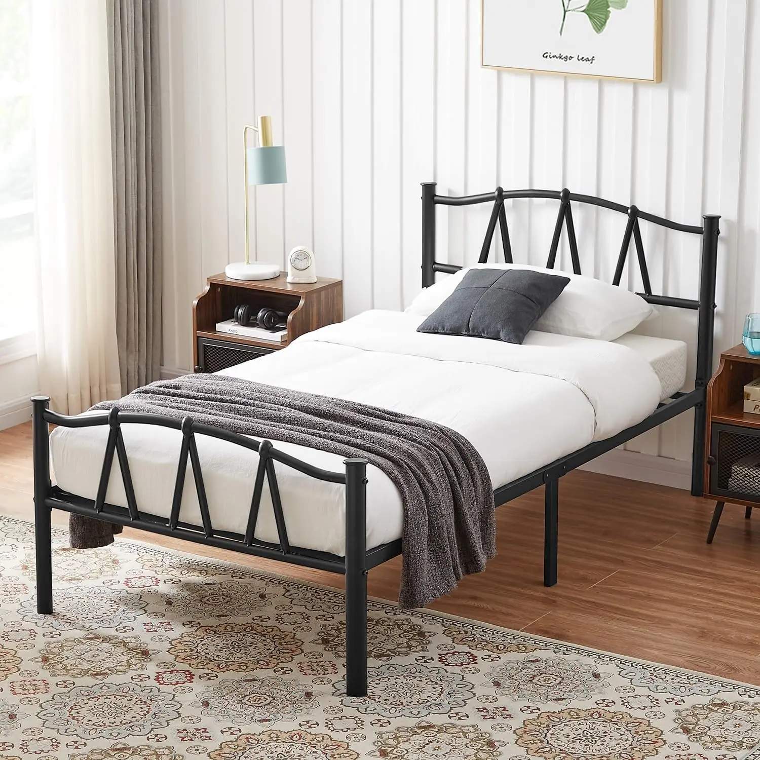 

Twin Size Bed Frame With M Shape Headboard/Mattr Foundation/No Box Spring Needed, Matte Black