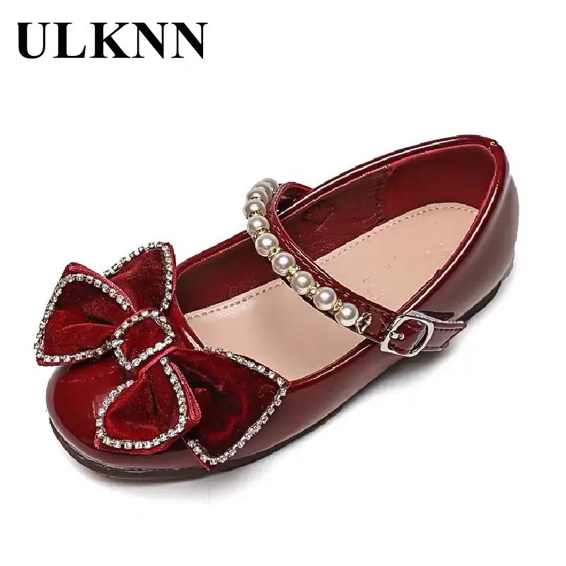 

ULKNN Children Flat Shoes Pear Bow Girls Princess Leather ShoesKids Non-slip Baby Girls Toddler Shoe Black Designer Footwear