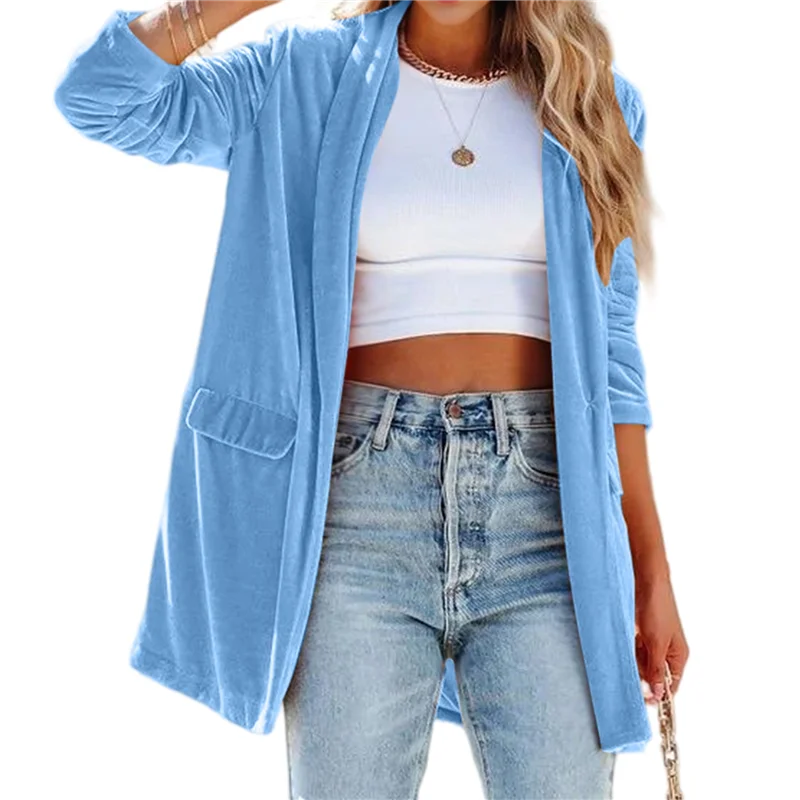 PORK-Women's Long Sleeve Velvet Cardigan Jacket Lapel Collar Open Front Vintage Cardigan Sweater With Pocket