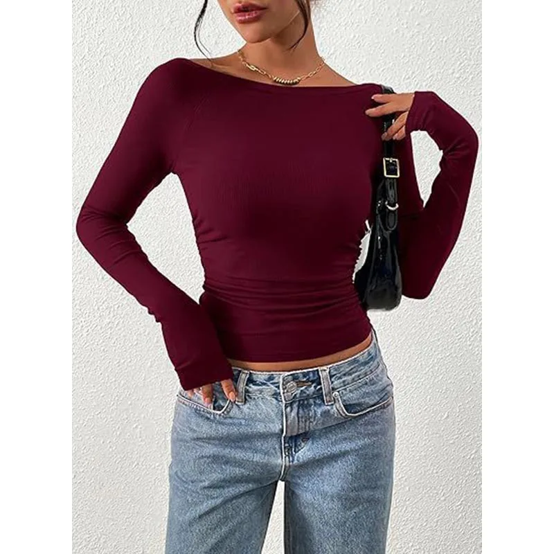 

Spring Autumn Fashion Solid Slash Neck Basic T-shirt Women Clothing Casual All-match Long Sleeve Slim Pullover Office Lady Tops