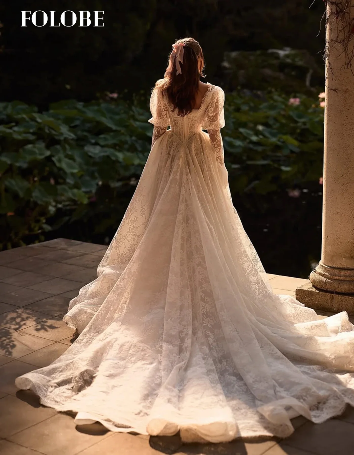 FOLOBE Off White 2025, A-Linie, Prinzessin, Spitze, Hochzeitskleid mit Jacke, Vintage, romantisches Brautkleid mit quadratischem Kragen, individuell gestaltet