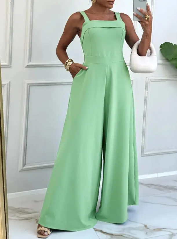 Jumpsuit Women 2025 Summer New Solid Color Thick Strap Square Neck Waist Jumpsuit Casual Pocket Design Wide Leg Flared Romper