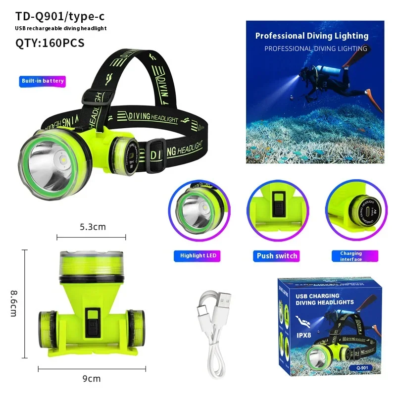 Portable Rechargeable Diving Headlight 350m Underwater 2 Light Modes Waterproof Super Bright LED Diver Spearfishing Headlamp new