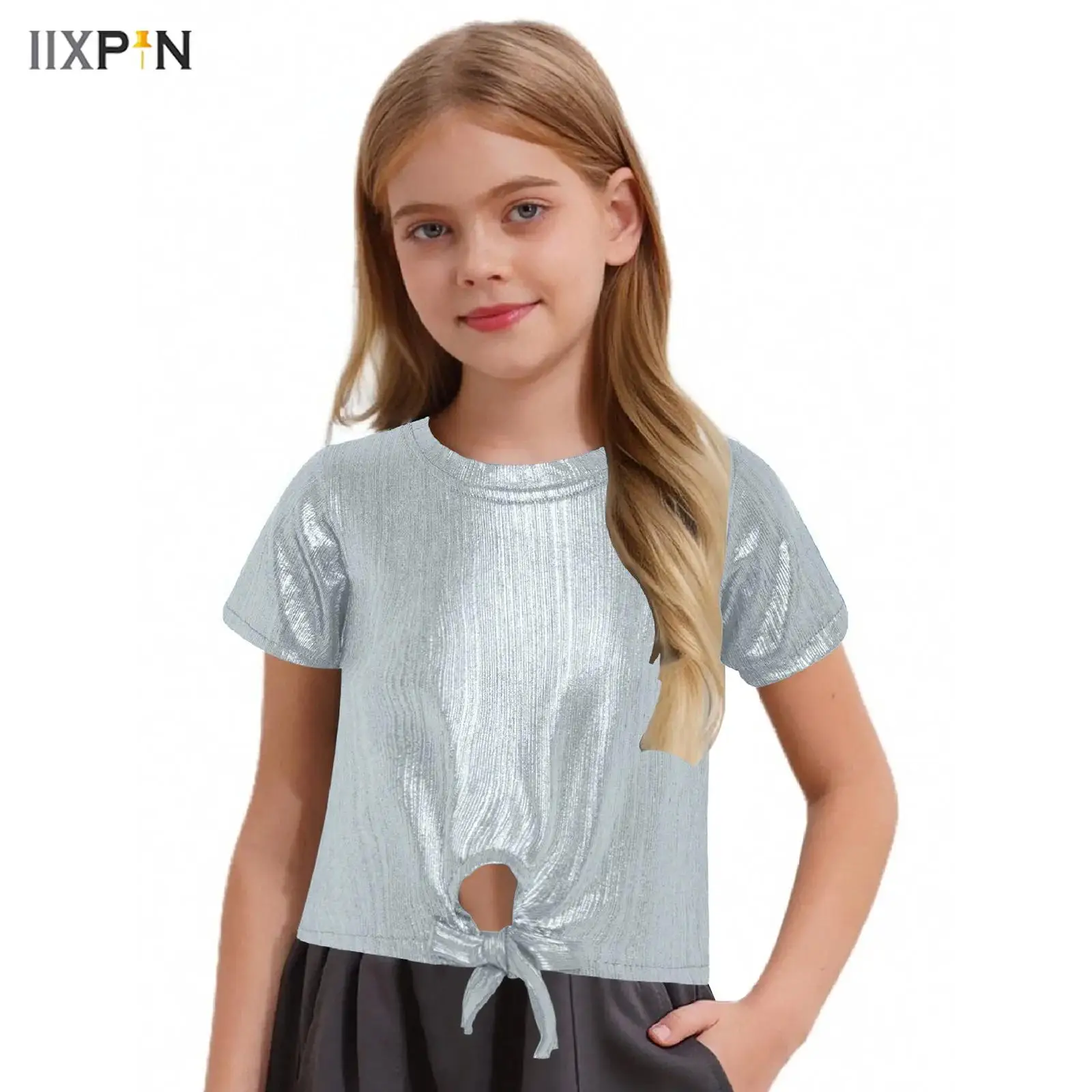 

Kids Girls Shirts Hip-Hop Jazz Dance Tops Metallic Short Sleeve Lace-up Keyhole Hem T-shirt for Street Dance Performance Costume