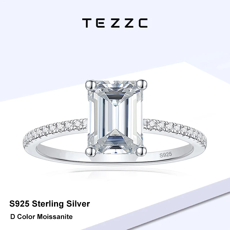 

Tezzc 1/2CT Emerald Cut Moissanite Engagement Ring for Women D Color Lab Gem Diamond Band Rings 925 Silver With Certificate