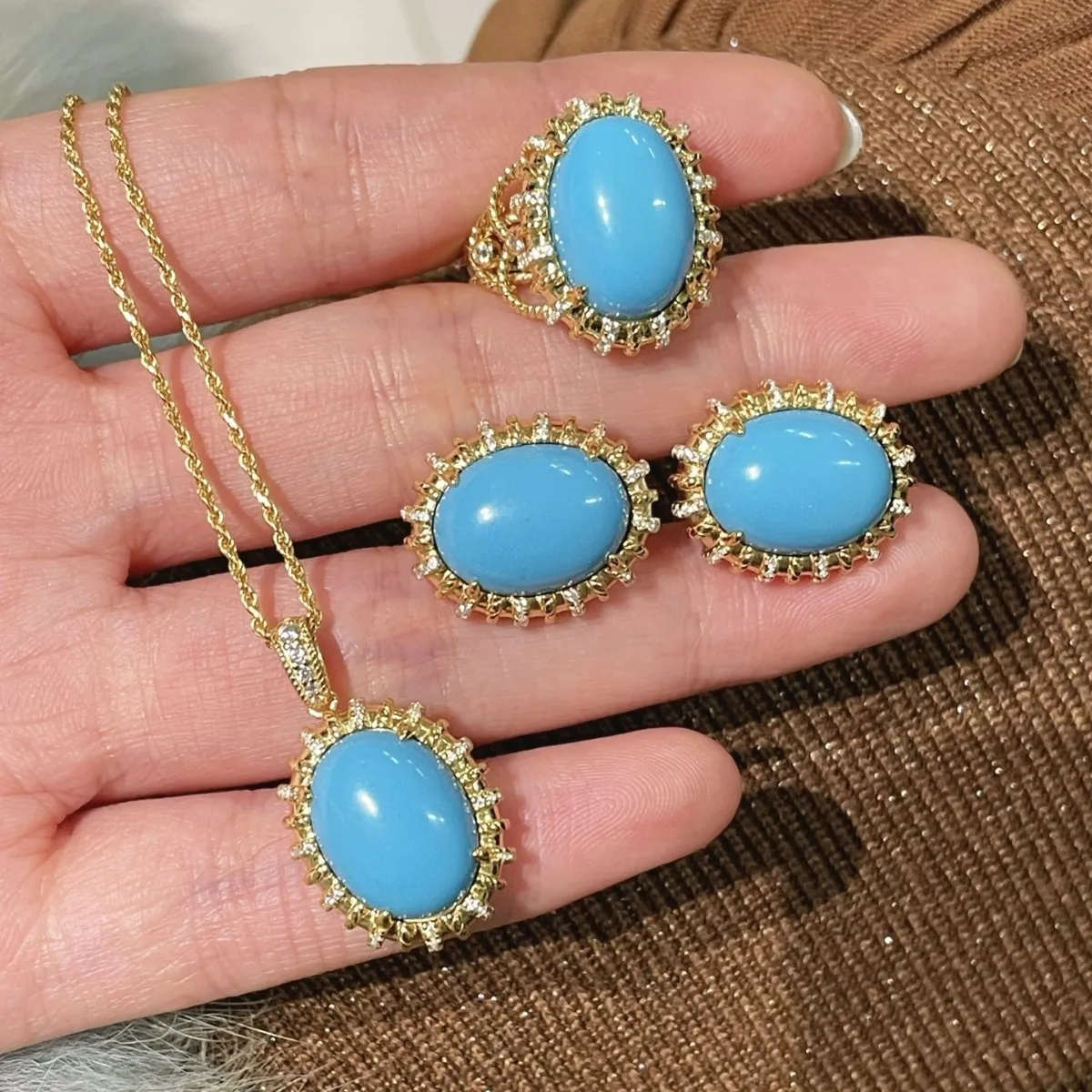 

ZOCA New Designed Synthetic Blue Turquoise 925 Sterling Silver Jewelry Sets Caliber Elegant Women's Sets