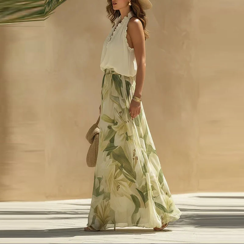 

Temperament Ruffle 2 Piece Suit Fashion Waist Long Pant Outfit Sexy V-neck Sleeveless Top & Print Pant Set Holiday Dress