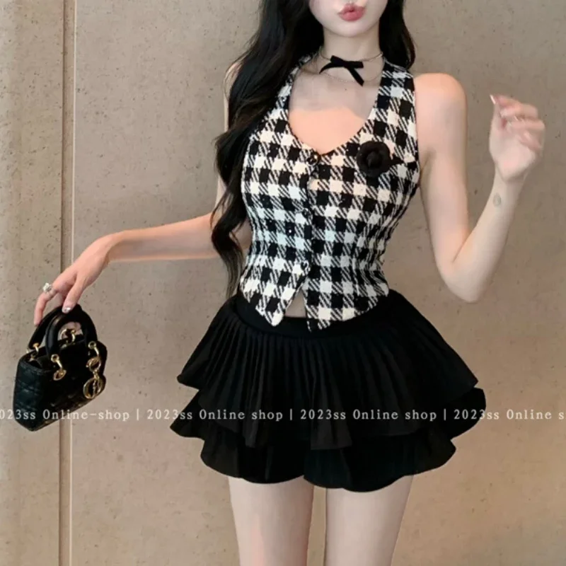 Vintage Korean Retro High Street Houndstooth Halter Neck Camis + A-line Mini Skirt Suit 2 Pieces Sets Y2k Suit