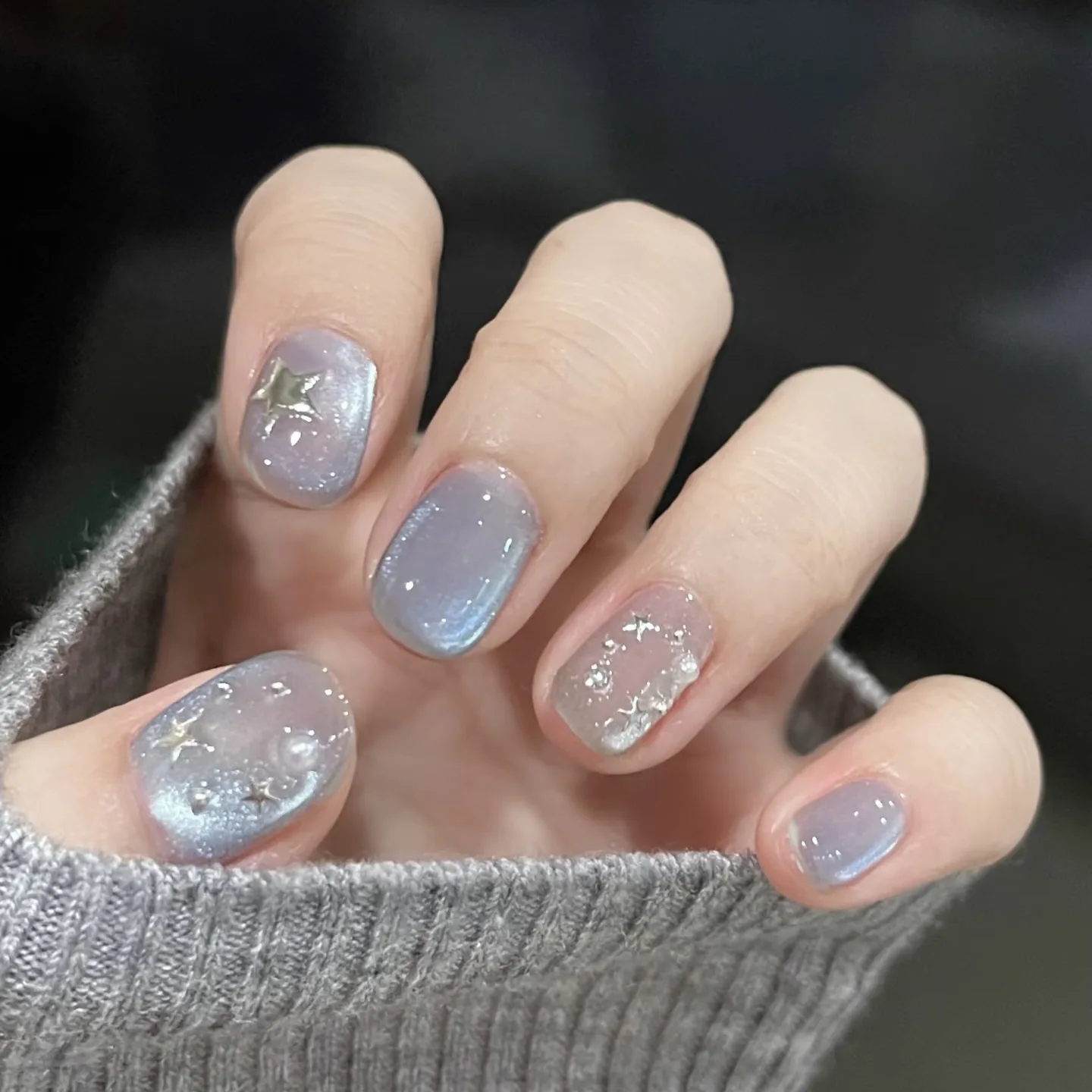 

10pcs Starry Sky Handmade Nails Blue Cat Eye Shimmer Gradient Press on Nail Short Oval Round False Nail for Women&Girl Fake Nail
