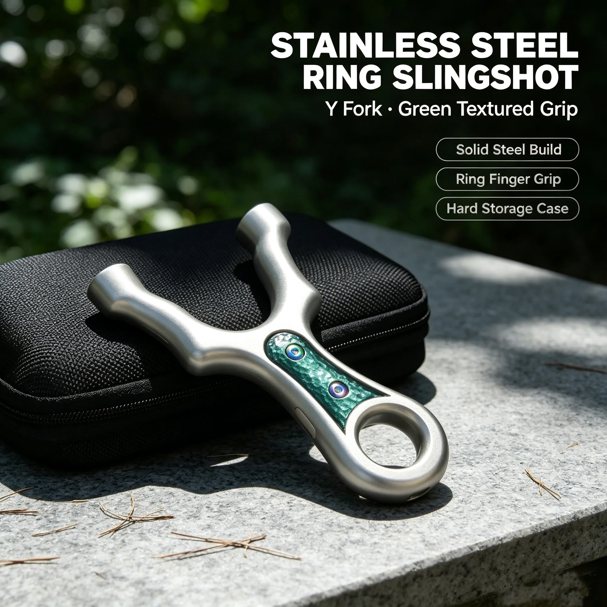 Stainless Steel Y-Shaped Slingshot with Round Fork, Green Textured Inlay & Finger Ring for Outdoor Target Practice