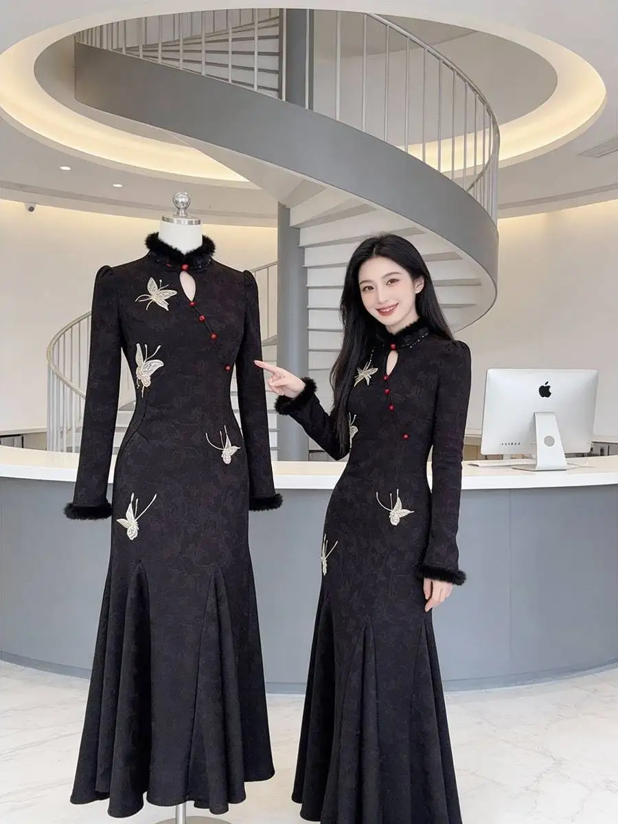 new-chinese-sle-ele-national-trend-dr-women's-winter-new-thiened-floing-waist-cinching-fi-tail-long