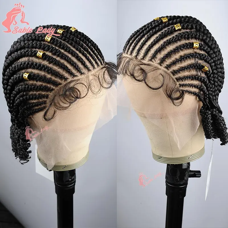 Handmade Short Bob Cornrow Braided Wigs Synthetic Glueless HD Full Lace Knotless Box Braided Wig With Curly Ends