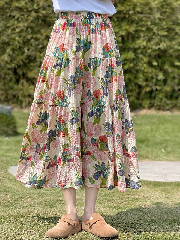 

Летняя женская юбка миди А-силуэта с цветочным принтом, на резинке, утягивающая, двухслойная, для полных женщин