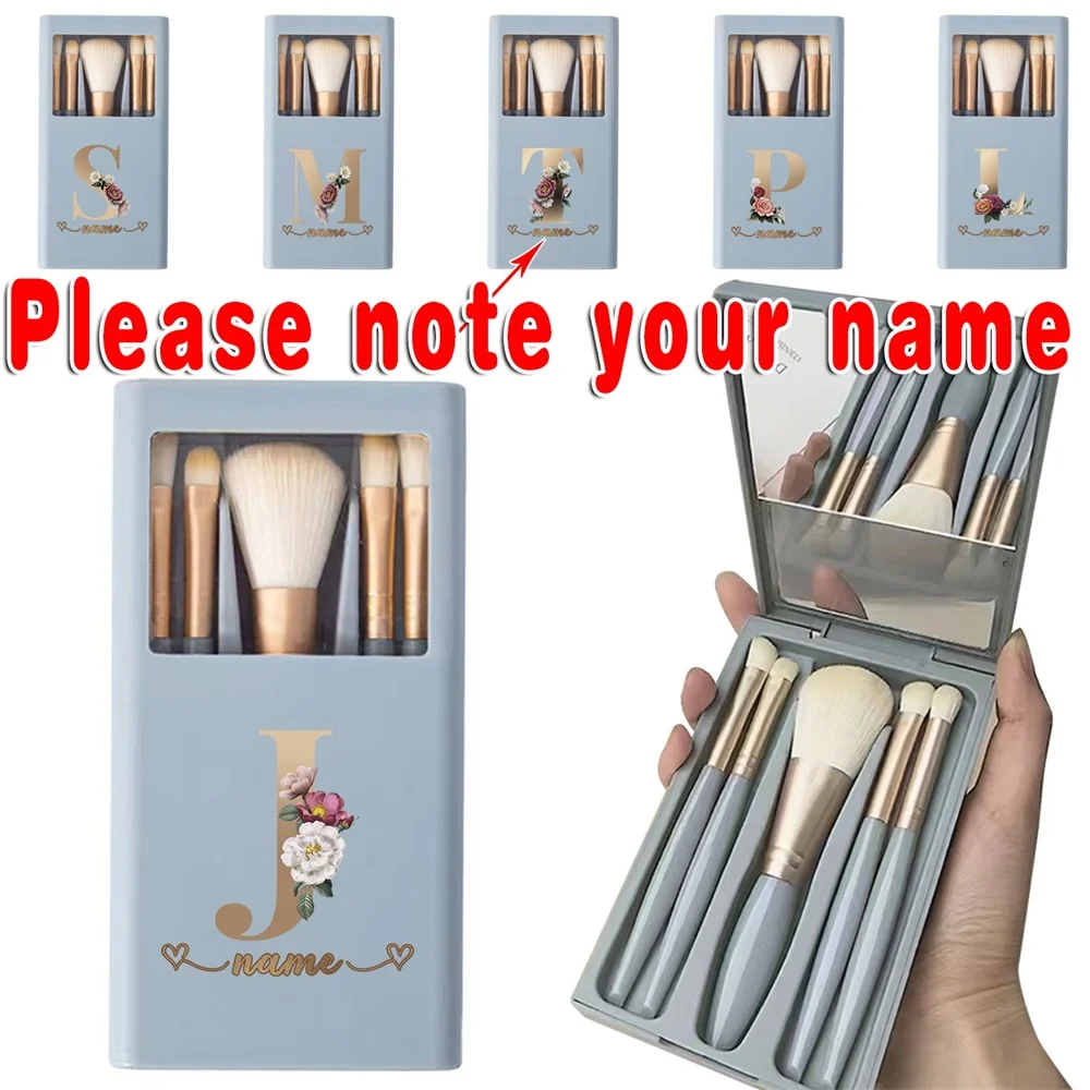 

Customized Name 5Pcs Soft Makeup Brush Set With Mirror Portable Box Foldable Organizer Cosmetics Eyeshadow Brush Kit Beauty Tool