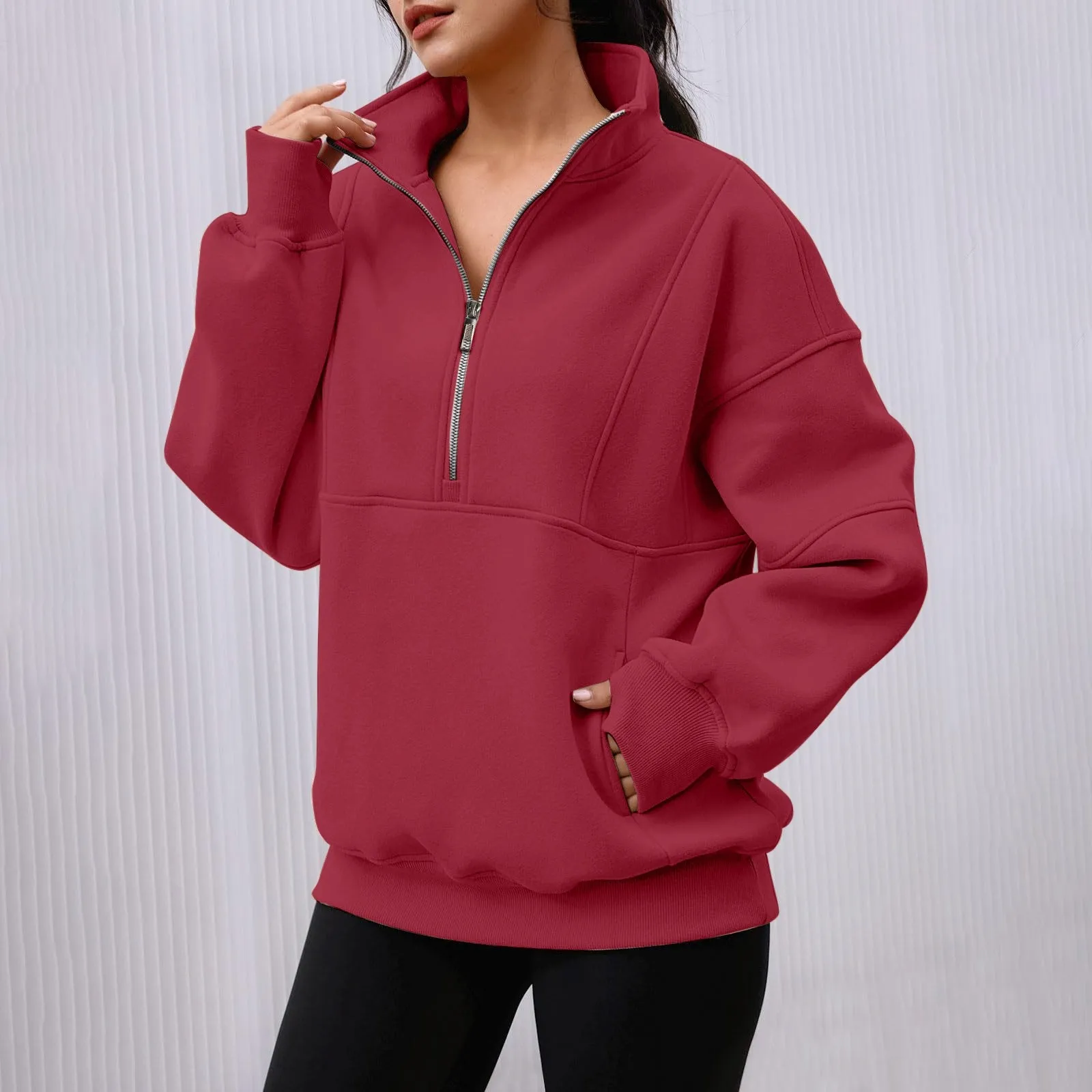 Stand Collar Casual Sweatshirts Half Zip Women Cropped Pullover Thumb Hole Overzised Hoodie Solid Color Plus Size Sports Outfit