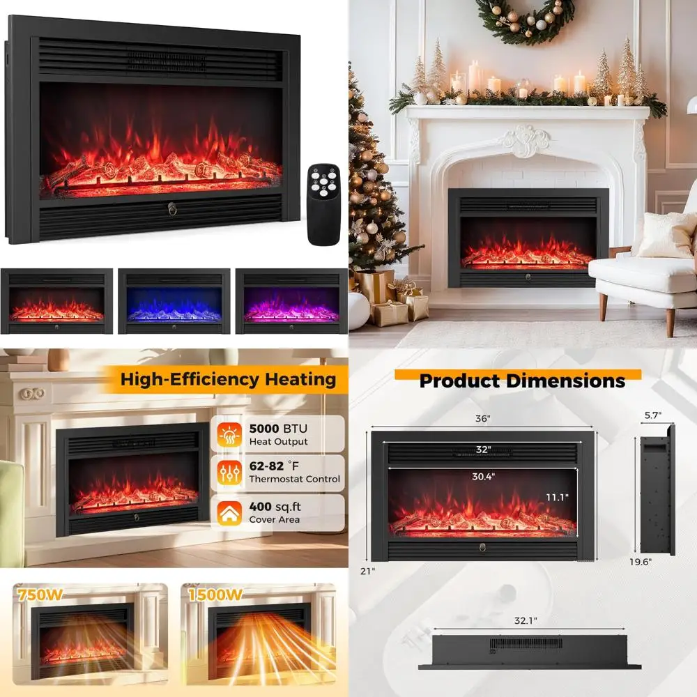 

Electric Fireplace Insert 36-inch Wall Recessed Freestanding with Adjustable Flame Colors and Brightness Settings