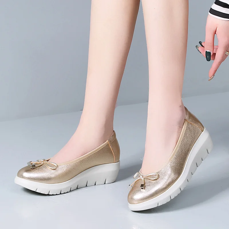 

2025 New Style Wedge Heel Single-foot Women's Spring and Autumn Large-sized European and American Cake Thick-soled Bow Loafers