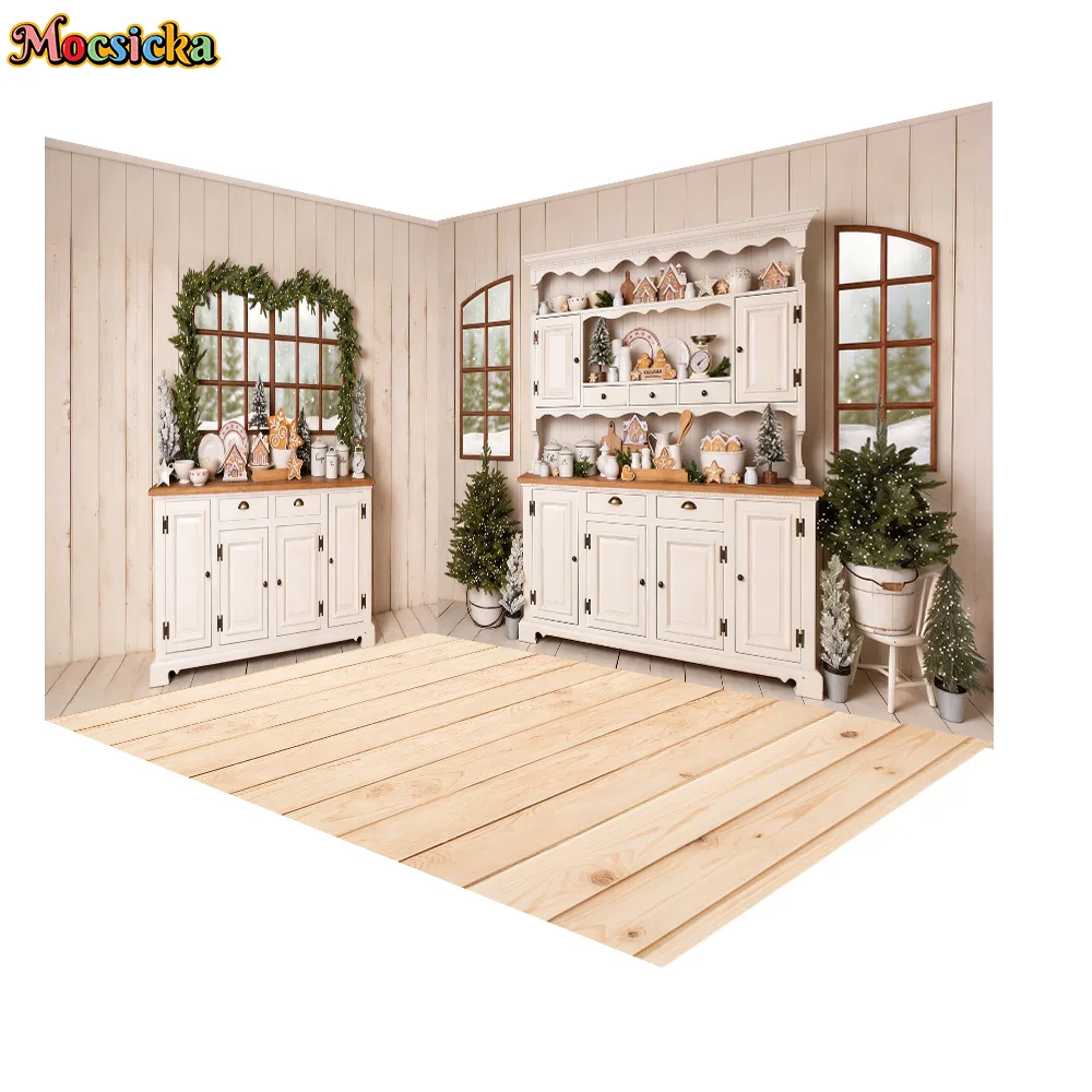 Mocsicka Farmhouse Christmas Kitchen Corner Backdrop Winter Gingerbread Decor Window Background Children Portrait Shoot Props