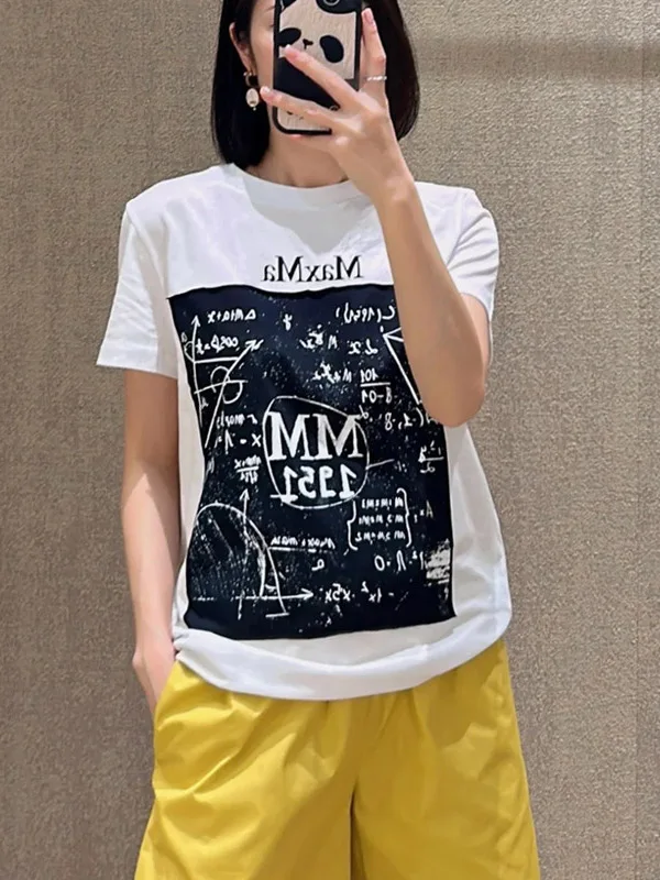 

Trendy Women's Cotton ort Sve T-irt Summer 2025 round Ne Print Letter Patchwork Color Blo Commute Sle Creative P...
