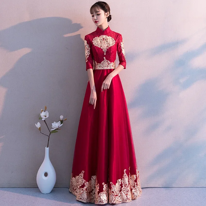 

Бордовое платье для свадебной вечеринки, Cheongsam, восточное вечернее платье, традиционное китайское женское элегантное Ципао, сексуальный атласный халат, ретро платье