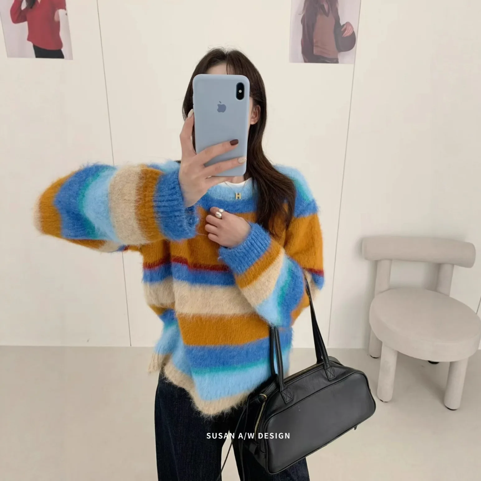 

Japanese Korean Style Stripe Knit Wool Blend Sweaters Round Neck Loose Warm Pullovers Women Clothing Fall Winter Sweatshirts