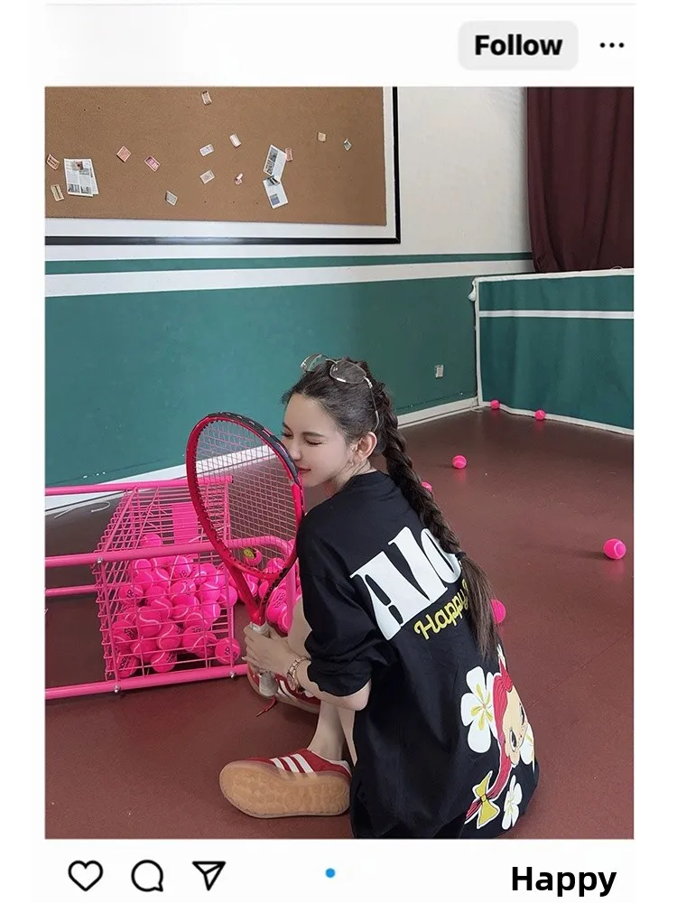 

Cartoon Foamed Print Long Sve Women's T-irt Loose Fit Casual Sle Cotton Breathable Summer Faion Top for Young Women