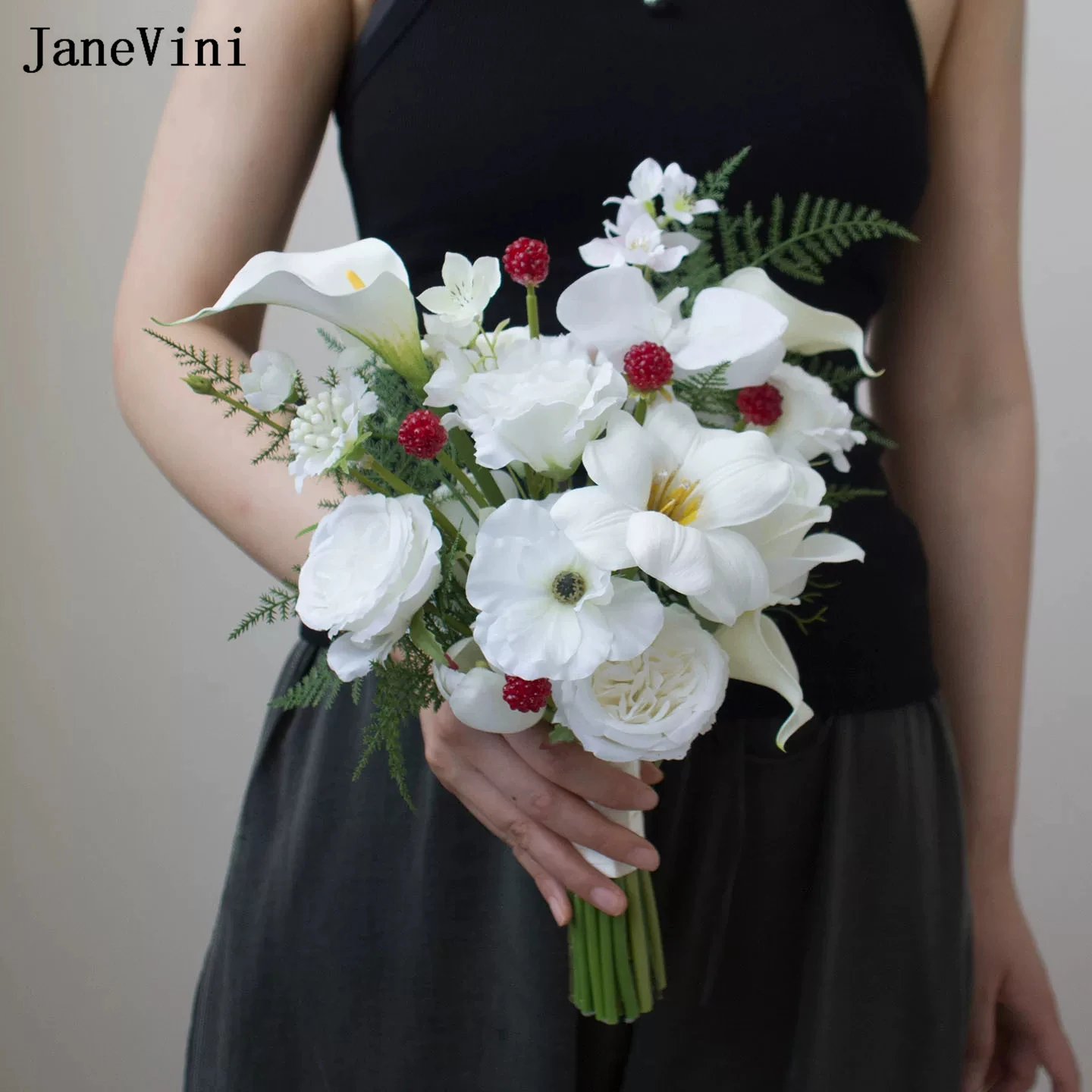 

JaneVini Elegant White Calla Lily Wedding Bouquets for Bride Handmade Silk Roses Bridal Holding Flowers Outdoor Bouquet Mariage
