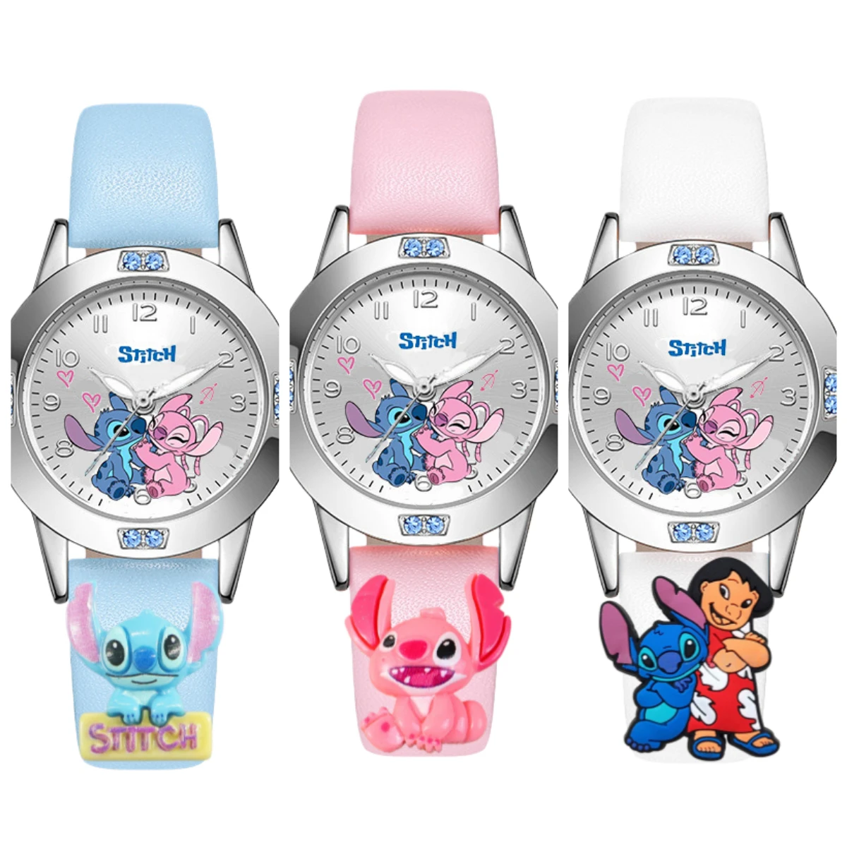 Cartoon Stitch Girl's Watches Diamond Quartz Watch for Women Stich Leather Wristwatches Fashion Steel Belt Watch Gift