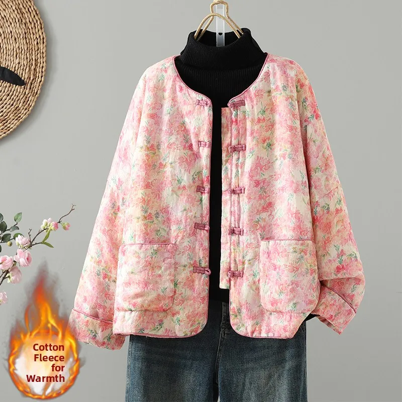 New Chinese Sle Women's Cotton Jaet Lightweight Printed Cotton Coat with Button Loose Fit Long Sve round Ne Winter Coat