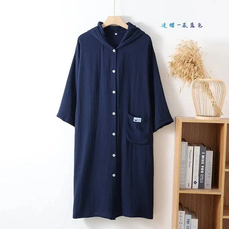 เสื้อคลุมอาบน้ำแบบมีฮู้ด แขนยาว ผ้าฝ้ายสองชั้น ทรงหลวม ติดกระดุม มีกระเป๋า ชุดนอนสำหรับคู่รัก ชุดอยู่บ้าน
