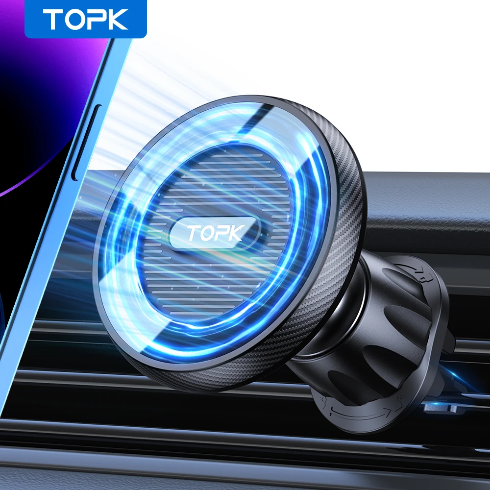 

Магнитный держатель для телефона TOPK для автомобиля, мощный магнетизм, вентиляционный зажим с металлическим крючком премиум-класса, работа одной рукой для Magsafe.