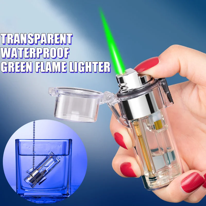 New Transparent Waterproof Green Flame Lighter Detachable Lighter Case Ashtray Creative Gradient Color Butane Gas Torch Lighters