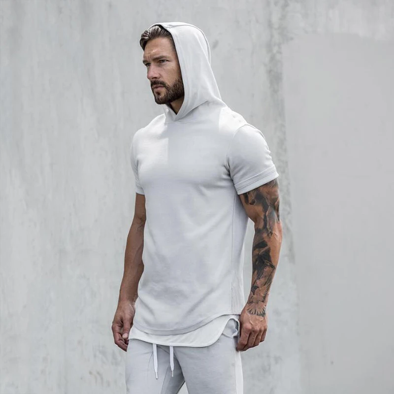 Plain Gym Bodybuilding Kapuzenhemden Herren Slim Fit Kurzarm Fitness Muskel Hoodie Sommer Atmungsaktive Sport Baumwolle T-Shirts