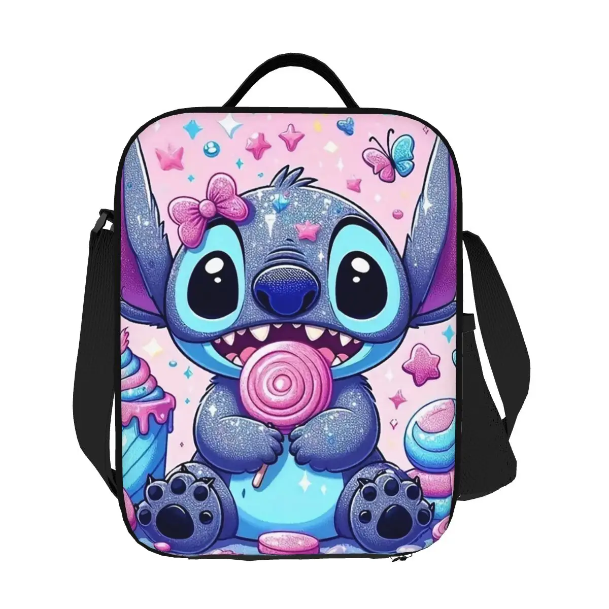 Custom Cartoon Pink Stitch Insulated Lunch Bags for Women Anime Cartoon Cooler Thermal Food Lunch Box Outdoor Camping Travel