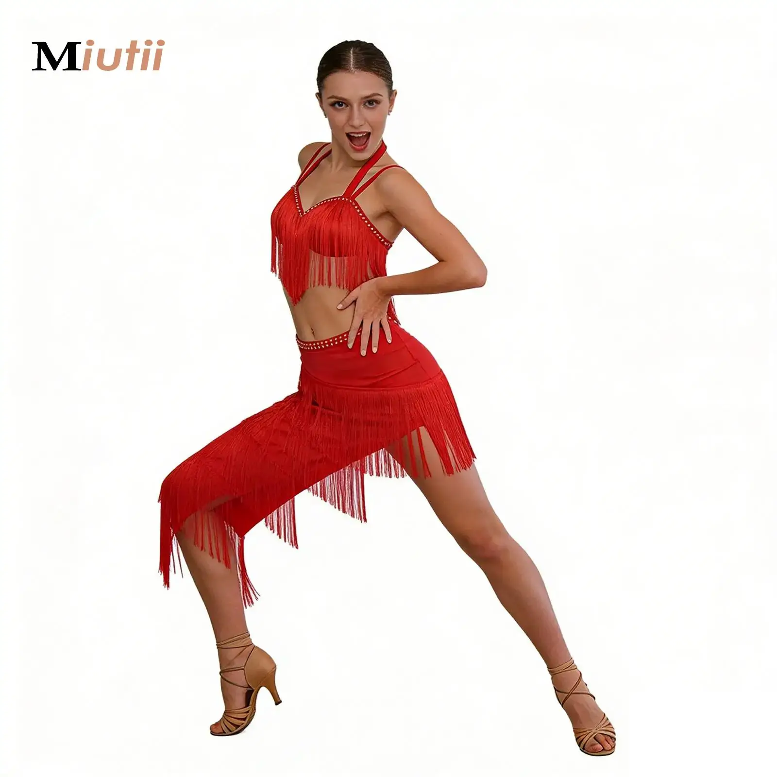 

Womens Tango Latin Dance Outfit Halter Sleeveless Crop Top+Tassels Skirt for Ballroom Jazz Salsa Competition Regulations Dress