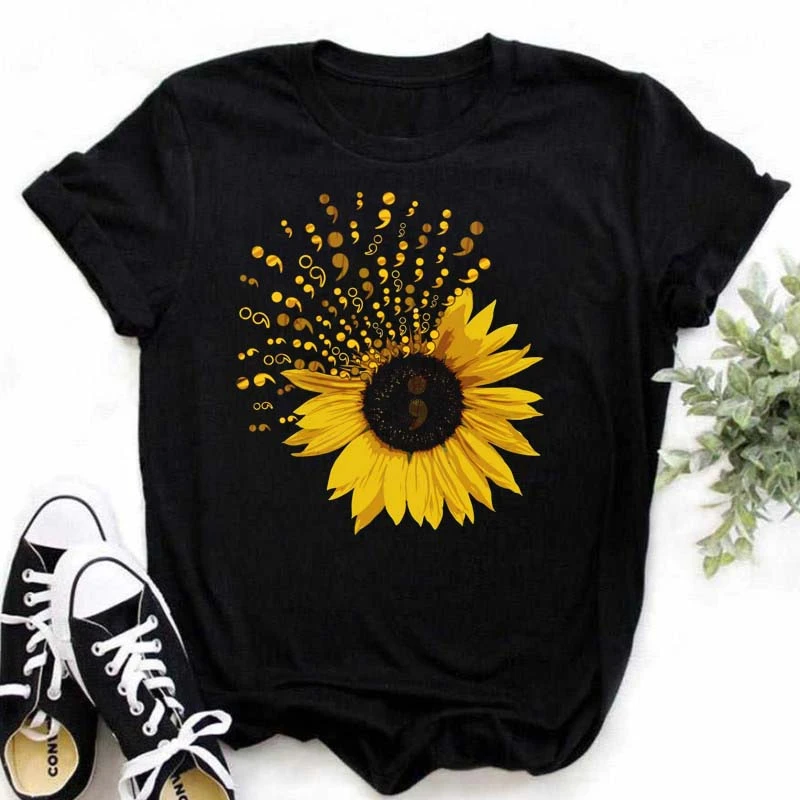 

Women's T-shirt Casual Kawaii Sunflower Butterfly Pattern Print Tshirt Comfortable Casual Women's Clothing Black Top