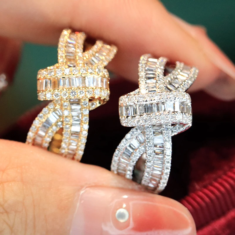 LUOWEND 100% 18K White/Yellow Gold Rings Fashion Cross Shape 0.80carat Real Natural Diamond Cocktail Ring for Women Fine Jewelry