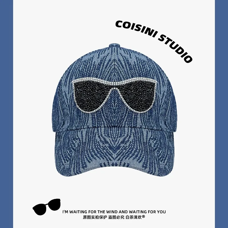 

Hot Diamond Personalized Glasses Shape Design Denim Baseball Cap Y2K Fashion Versatile Hip Hop Women's Hat Outdoor sunscreen hat
