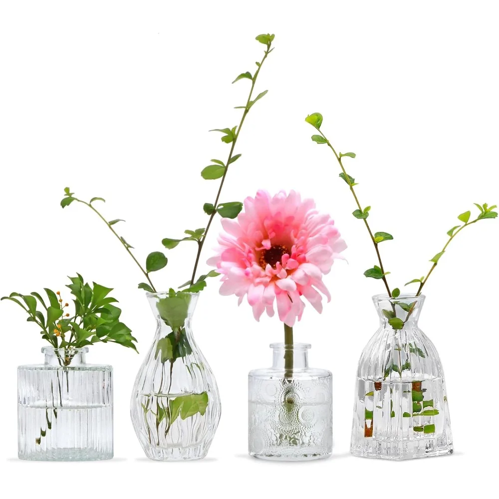 

Glass Bud Vases Set of 4,Small Flower Vase for Wedding Centerpiece Table Decorations,Clear Vintage Embossed Mini Vases