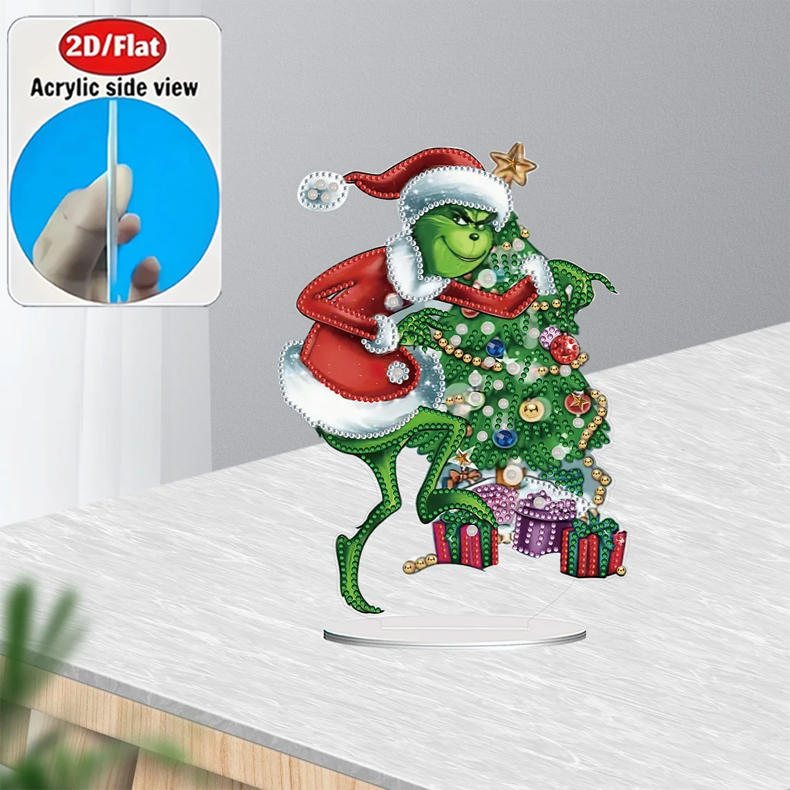2D / Flat 1pc Fun Christmas Grinch Acrylic Welcome Plaque Diamond Painting Desktop Ornament Set, Shiny Wall Decor, Holiday Gift - view 5