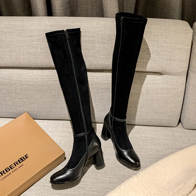 

Fashion Over The Knee Women Boots New High Quality Leather Frosted Round Head Mary Jane High Boots Tight Elastic Boots