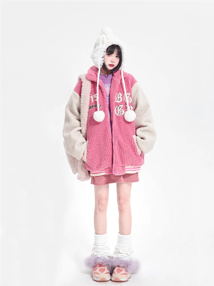 

2023 Autumn Winter Color Korean Loose Japan Casual Letter Baseball Embroidery Streetwear Y2k Aesthetic Patchwrok Jackets Women