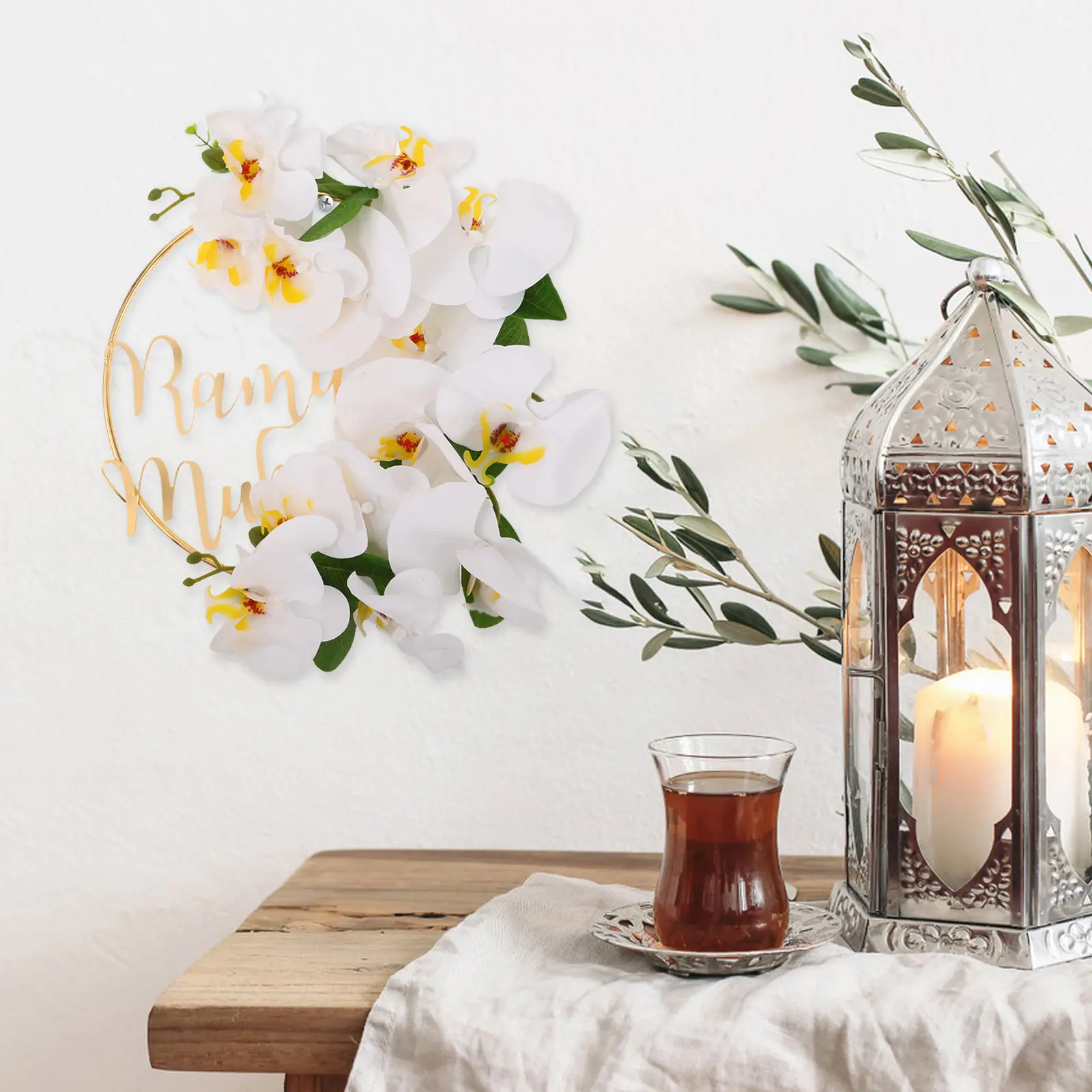 

Венок «Ид Мубарак» ручной работы из белых роз, декоративное украшение для двери, подвеска для двери на Рамадан, украшения для праздника Ид Мубарак